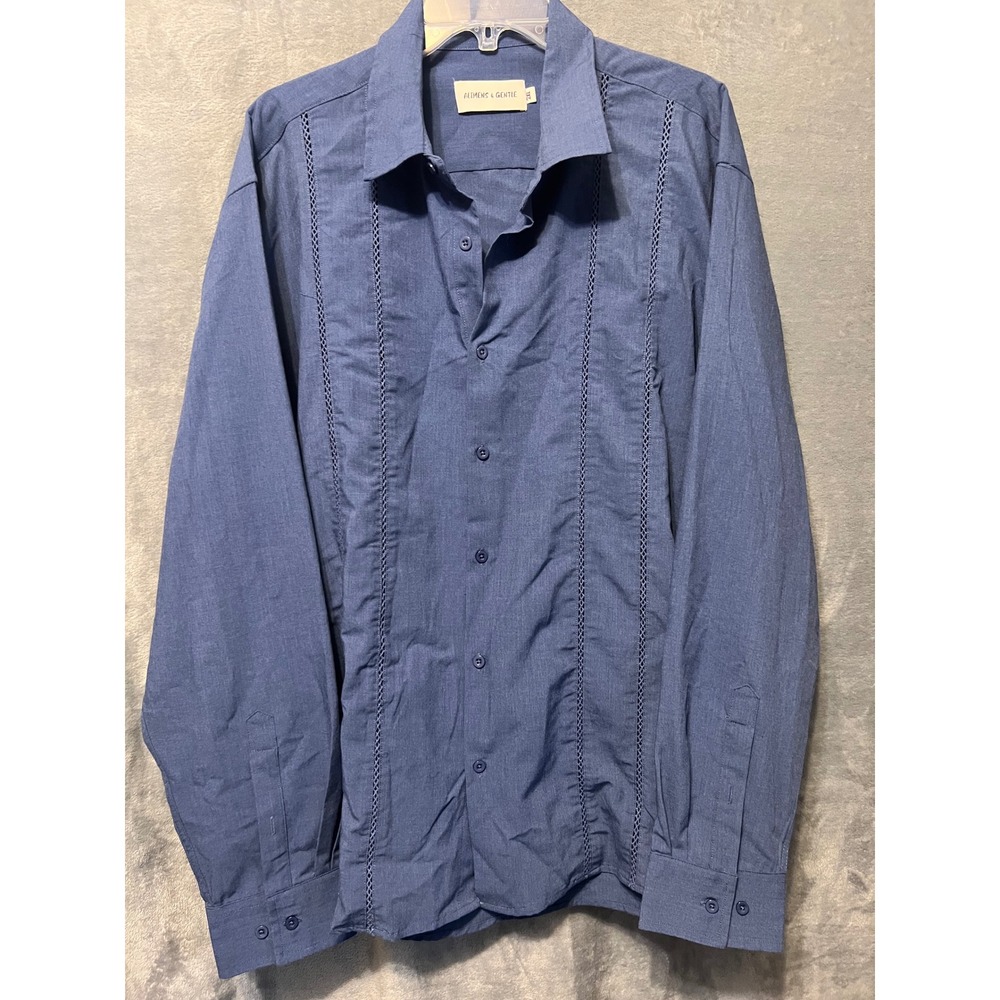 Alimens & Gentle Mens 2XL Blue Long Sleeve Guayabera Style Crochet Trim Shirt